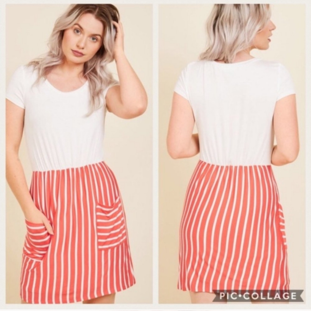 Fervour Modcloth White Coral Stripes Pocket Dress